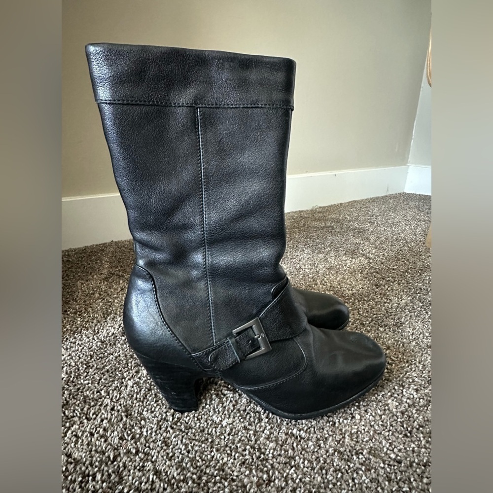 Born Black Leather Mid-Calf Buckle Boots Size 7.5
